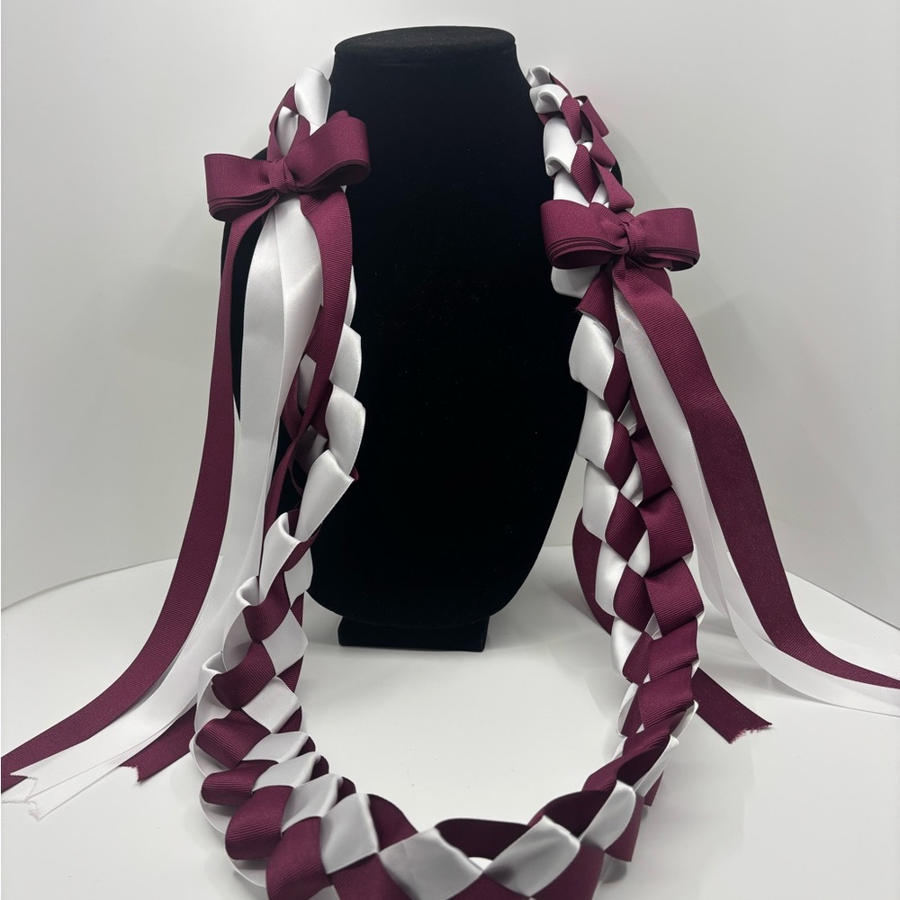Maroon and White Braided Ribbon Lei Necklace unisex GRAD PARTY
